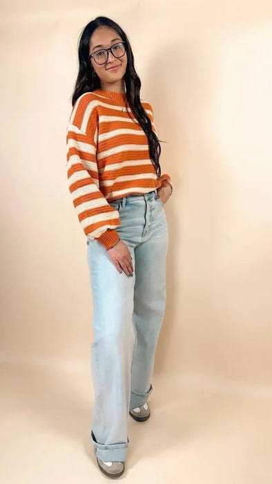 Orange Stripe Ribbed Trim Drop Shoulder Sweater - LECCE