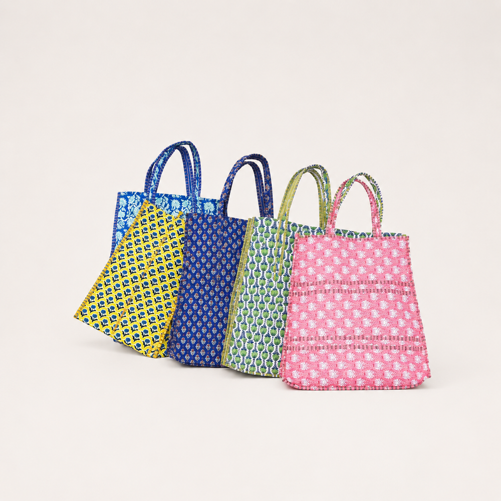 Organic Reversible Quilted Tote Bag on soft-white background
