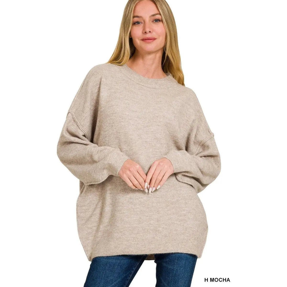 Oversized Round Neck Raw Seam Melange Sweater - LECCE