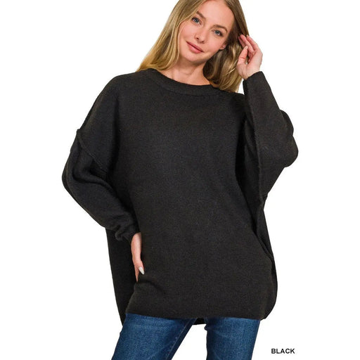 Oversized Round Neck Raw Seam Melange Sweater - LECCE