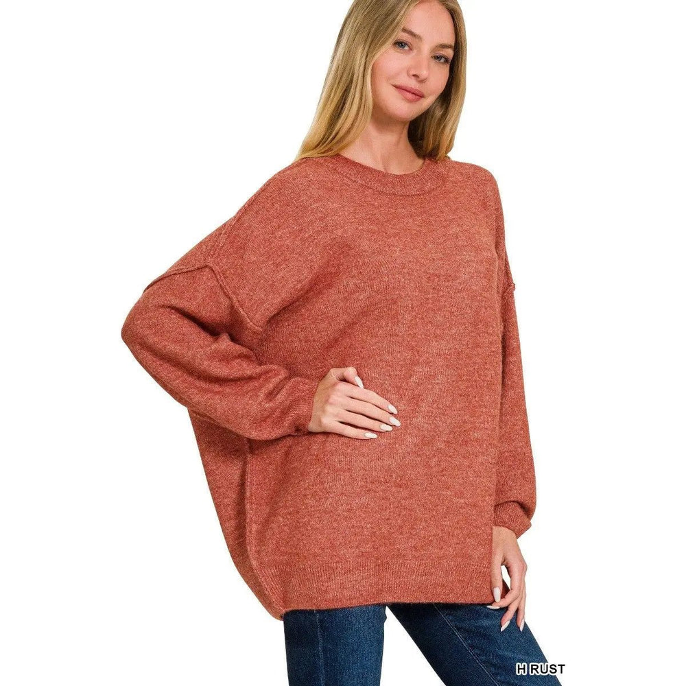 Oversized Round Neck Raw Seam Melange Sweater - LECCE