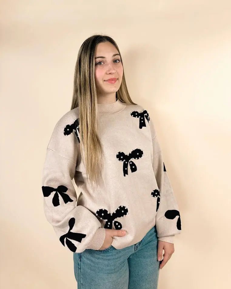 Pearl Embellished Bow Pattern Loose Sweater