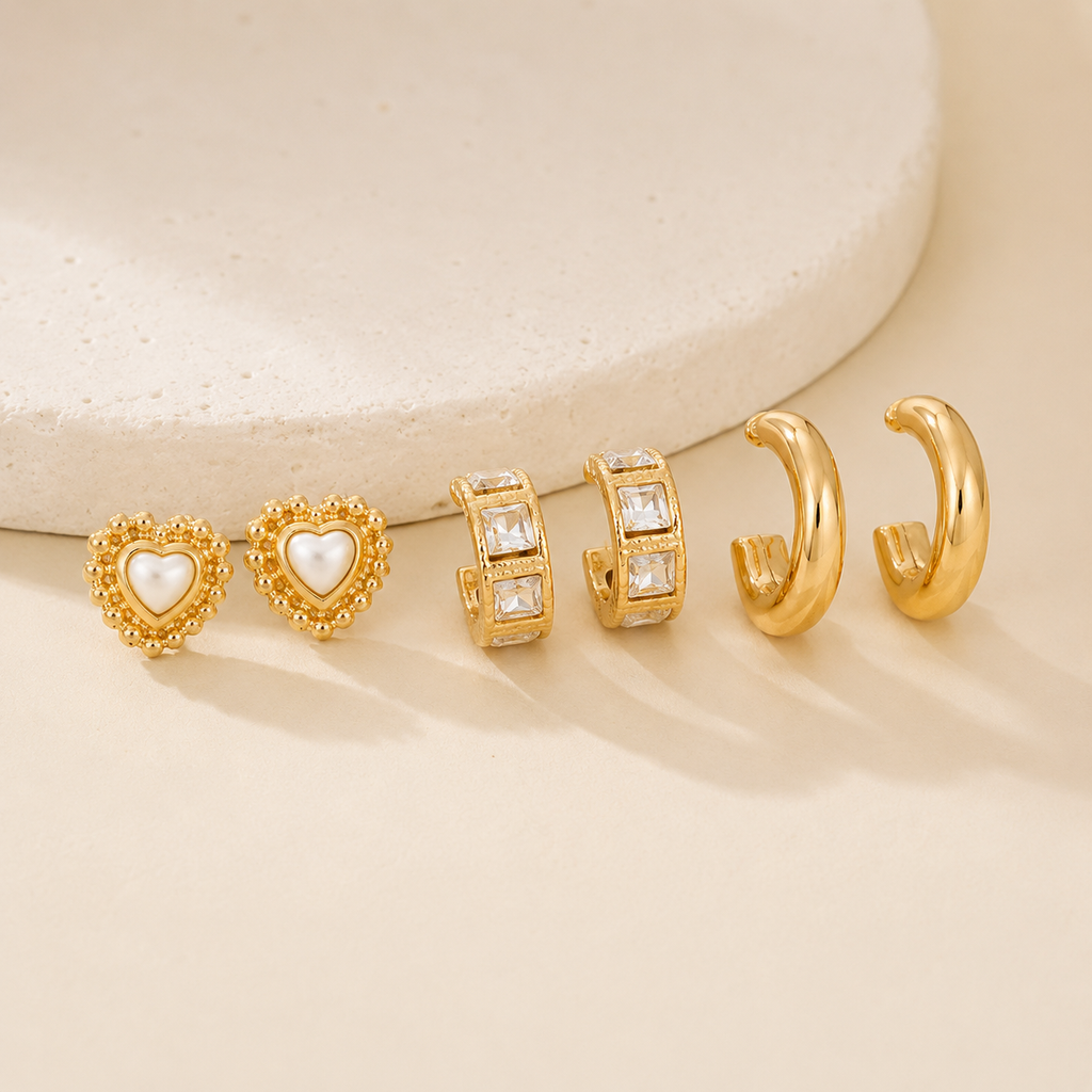 Pearl Heart & Rhinestone Huggie Hoop Trio Earring