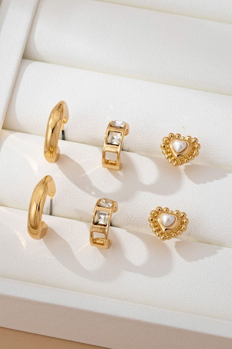 Pearl Heart & Rhinestone Huggie Hoop Trio Earring - LECCE