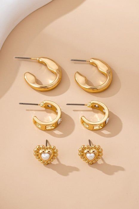 Pearl Heart & Rhinestone Huggie Hoop Trio Earring - LECCE