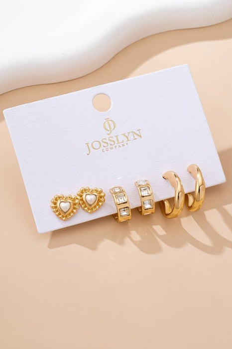 Pearl Heart & Rhinestone Huggie Hoop Trio Earring - LECCE