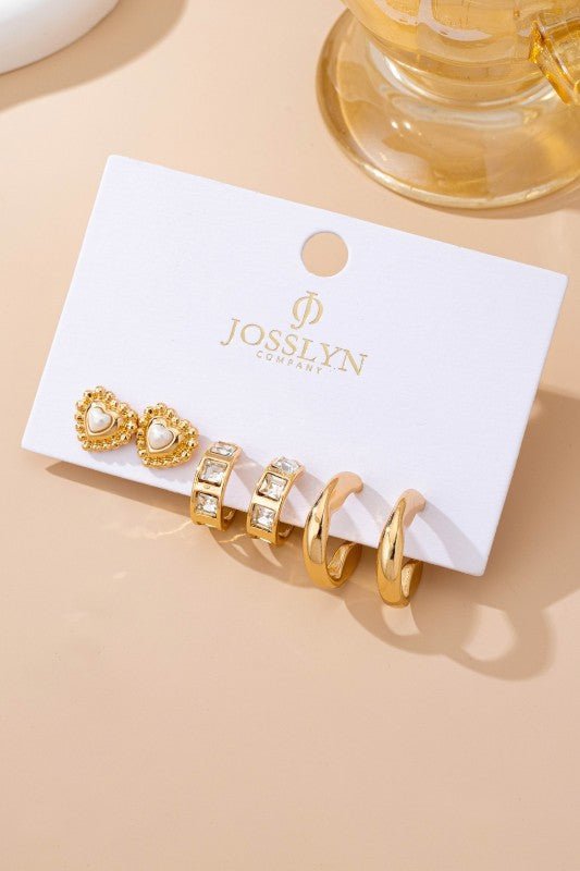 Pearl Heart & Rhinestone Huggie Hoop Trio Earring