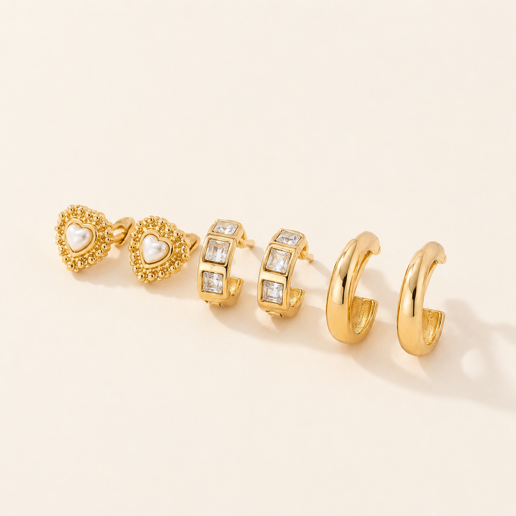 Pearl Heart & Rhinestone Huggie Hoop Trio Earring