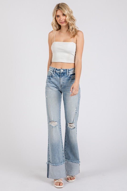 Petra High Rise Super Stretch Wide Leg Flare Jeans with Cuffed Hem - LECCE