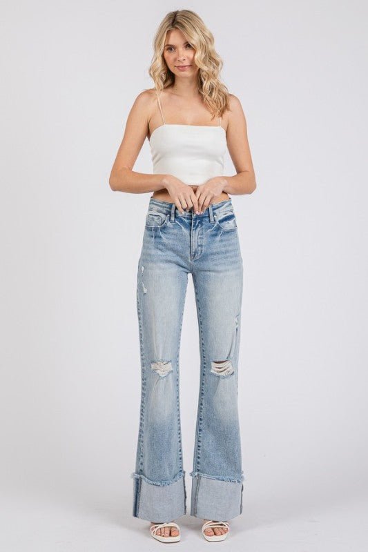 Petra High Rise Super Stretch Wide Leg Flare Jeans with Cuffed Hem - LECCE