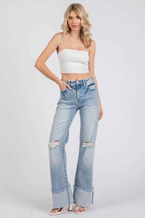 Petra High Rise Super Stretch Wide Leg Flare Jeans with Cuffed Hem - LECCE