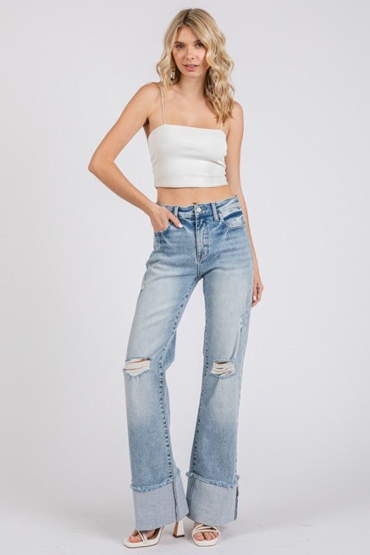 Petra High Rise Super Stretch Wide Leg Flare Jeans with Cuffed Hem - LECCE