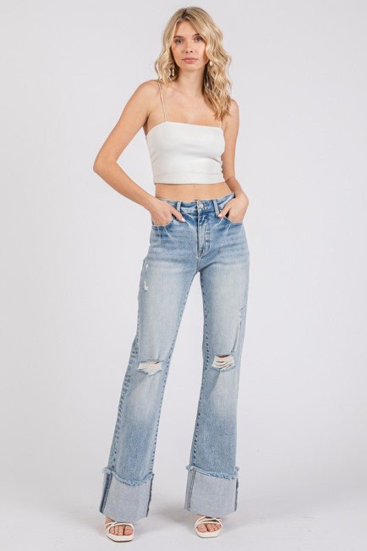 Petra High Rise Super Stretch Wide Leg Flare Jeans with Cuffed Hem - LECCE