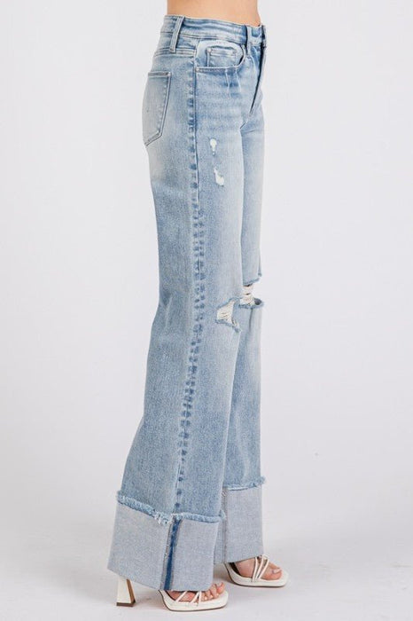 Petra High Rise Super Stretch Wide Leg Flare Jeans with Cuffed Hem - LECCE