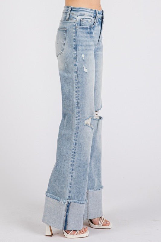 Petra High Rise Super Stretch Wide Leg Flare Jeans with Cuffed Hem - LECCE