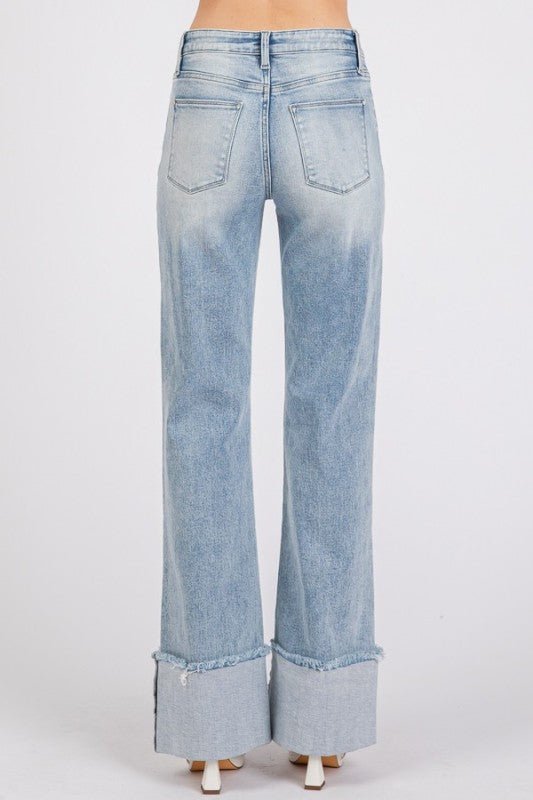 Petra High Rise Super Stretch Wide Leg Flare Jeans with Cuffed Hem - LECCE