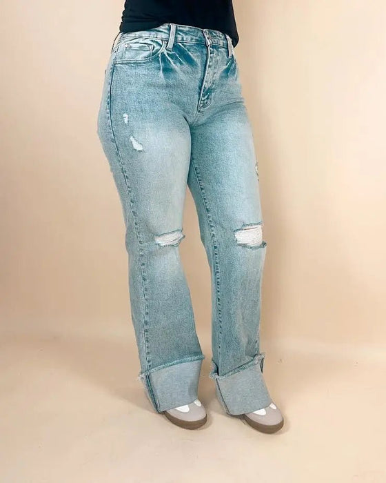Petra High Rise Super Stretch Wide Leg Flare Jeans with Cuffed Hem - LECCE