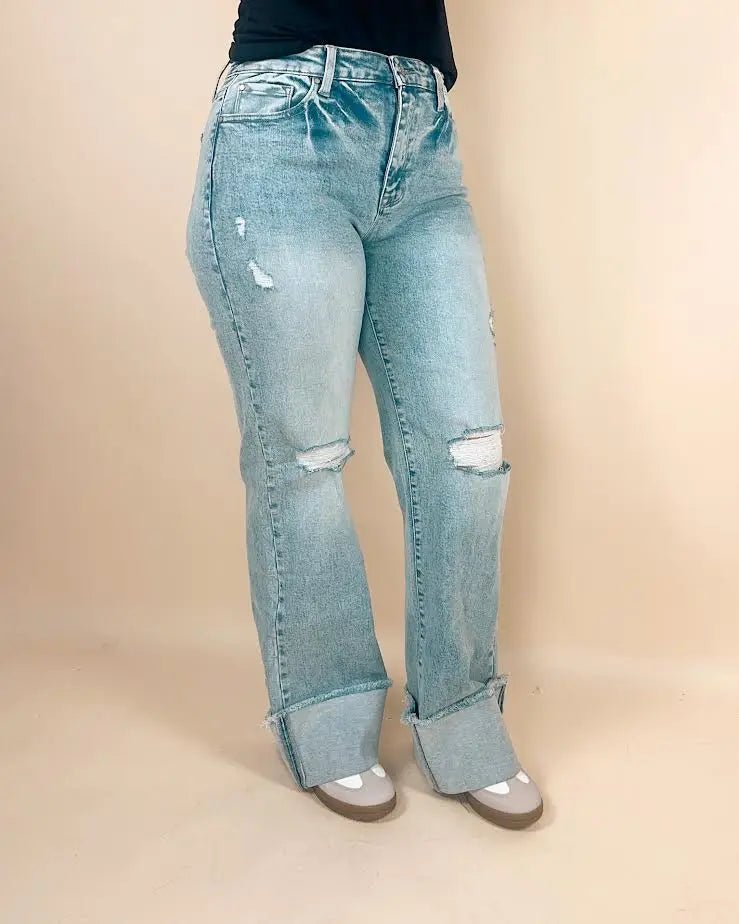 Petra High Rise Super Stretch Wide Leg Flare Jeans with Cuffed Hem - LECCE