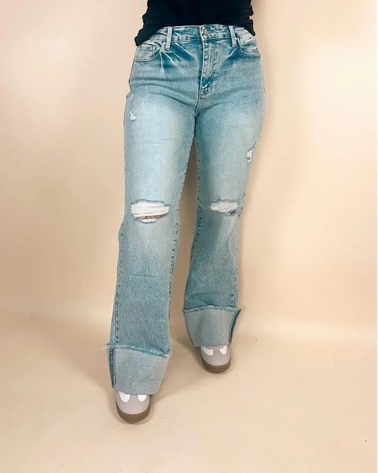 Petra High Rise Super Stretch Wide Leg Flare Jeans with Cuffed Hem - LECCE