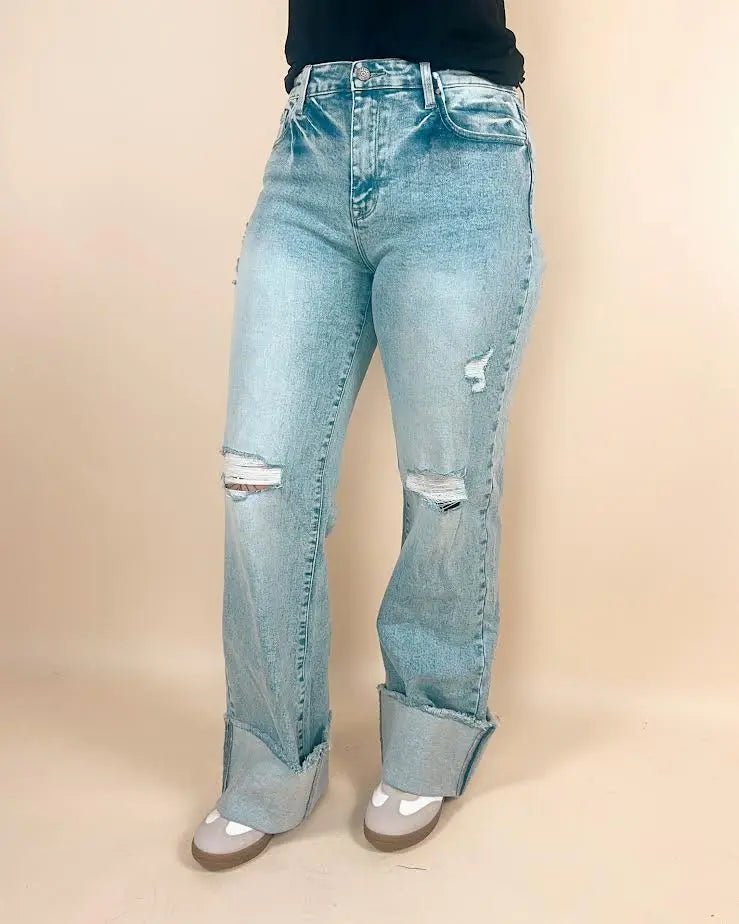 Petra High Rise Super Stretch Wide Leg Flare Jeans with Cuffed Hem - LECCE