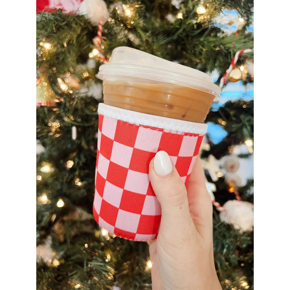 Pink and Red Checkered Iced Coffee Sleeve/Koozie - 16oz - LECCE