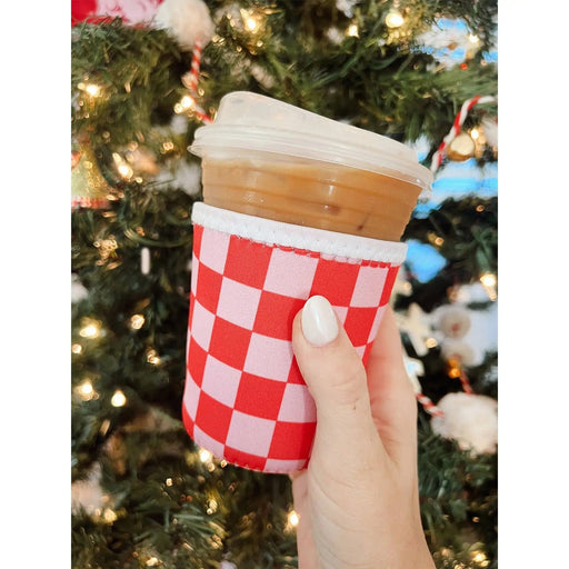 Pink and Red Checkered Iced Coffee Sleeve/Koozie - 16oz - LECCE