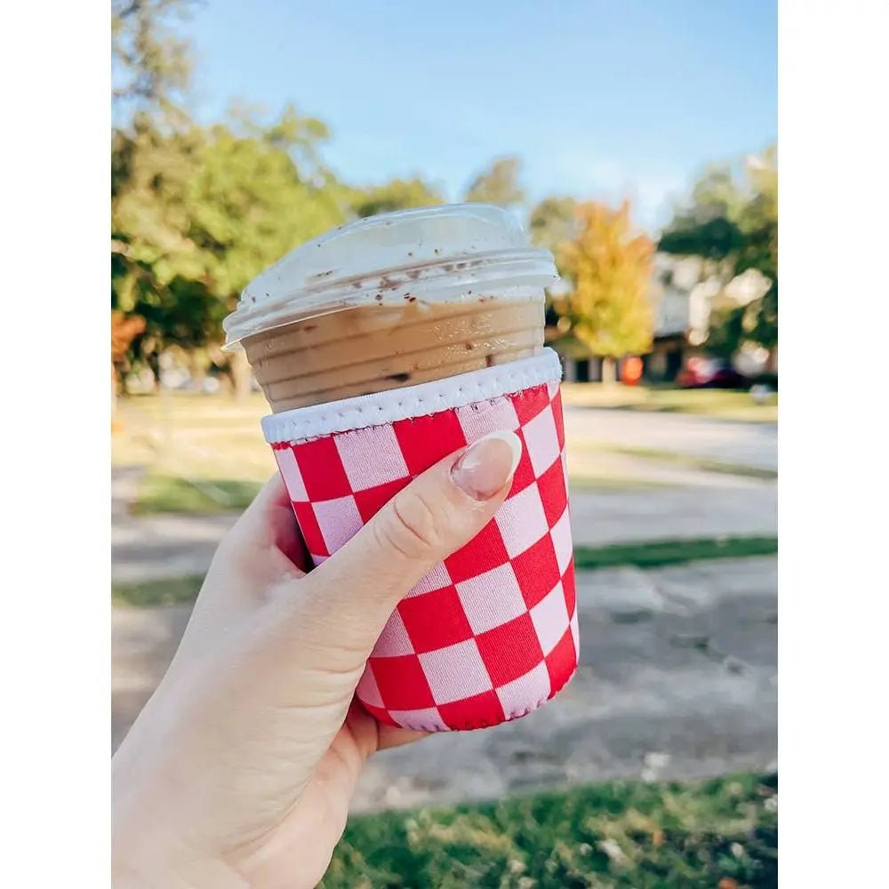 Pink and Red Checkered Iced Coffee Sleeve/Koozie - 16oz