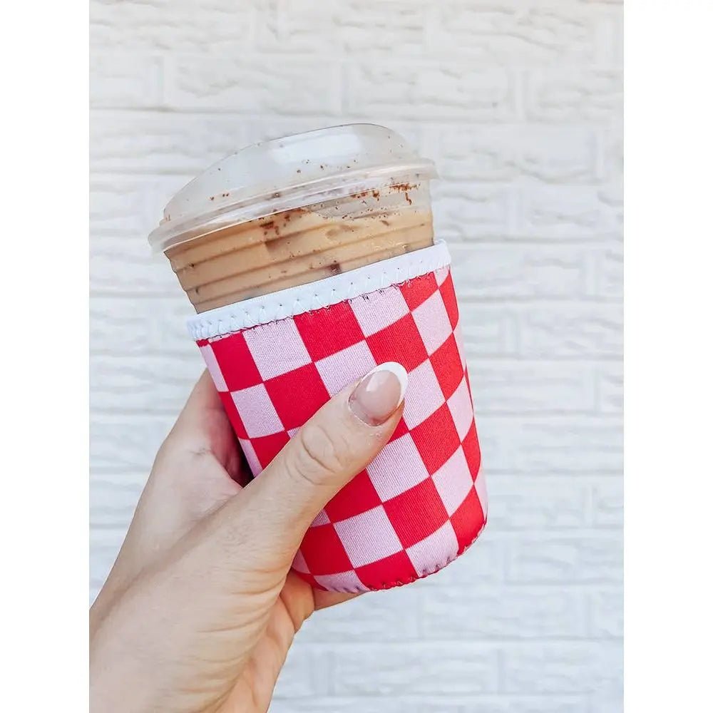 Pink and Red Checkered Iced Coffee Sleeve/Koozie - 16oz - LECCE