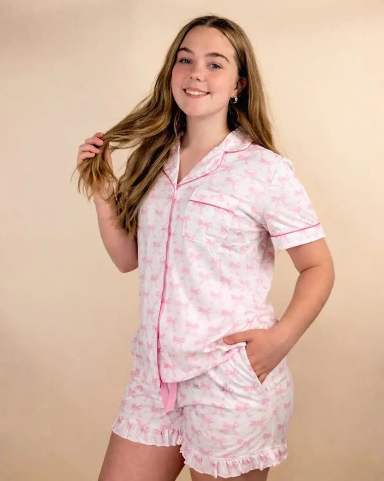 Pink Bowknot Printed Short Sleeve and Ruffled Shorts Valentines Pajama Set