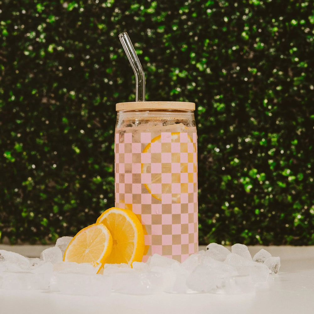 Pink Checkered 17 oz Can Glass w/ Straw and Lid - Decor - LECCE