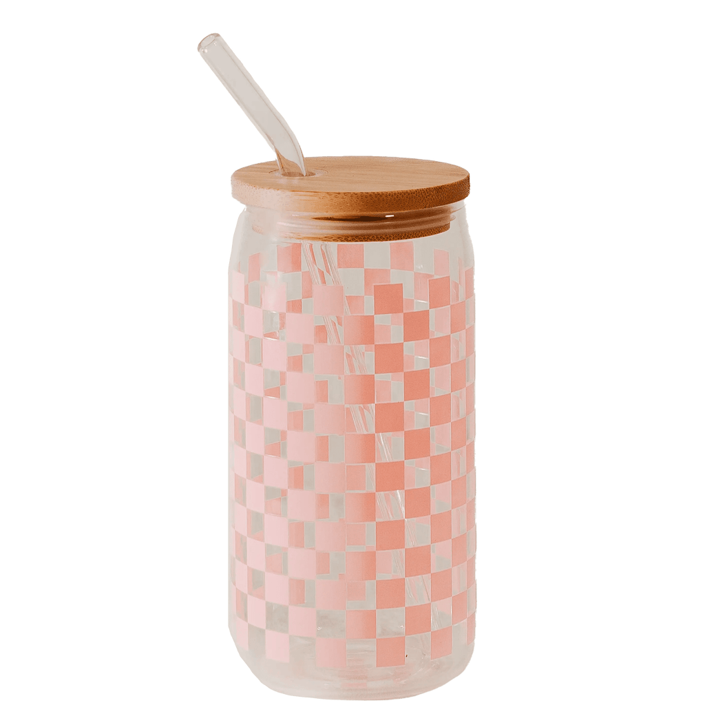 Pink Checkered 17 oz Can Glass w/ Straw and Lid - Decor