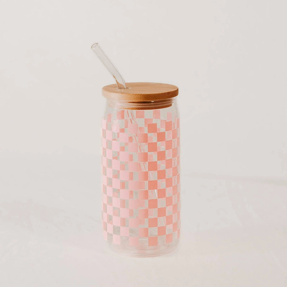 Pink Checkered 17 oz Can Glass w/ Straw and Lid - Decor - LECCE