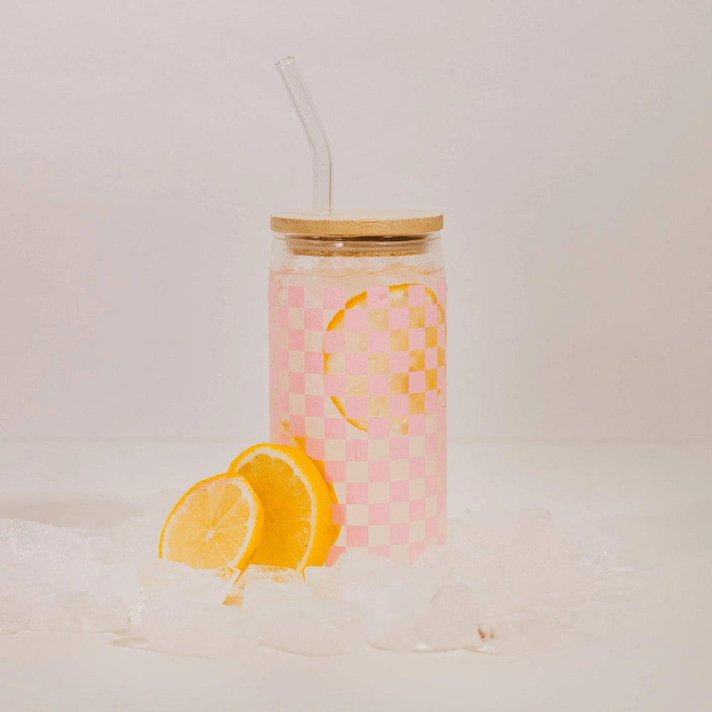 Pink Checkered 17 oz Can Glass w/ Straw and Lid - Decor - LECCE