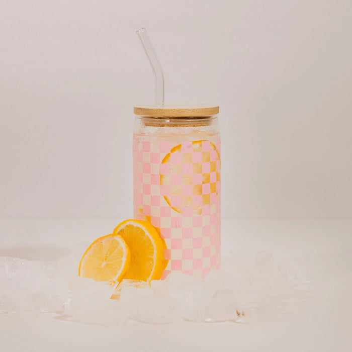 Pink Checkered 17 oz Can Glass w/ Straw and Lid - Decor - LECCE