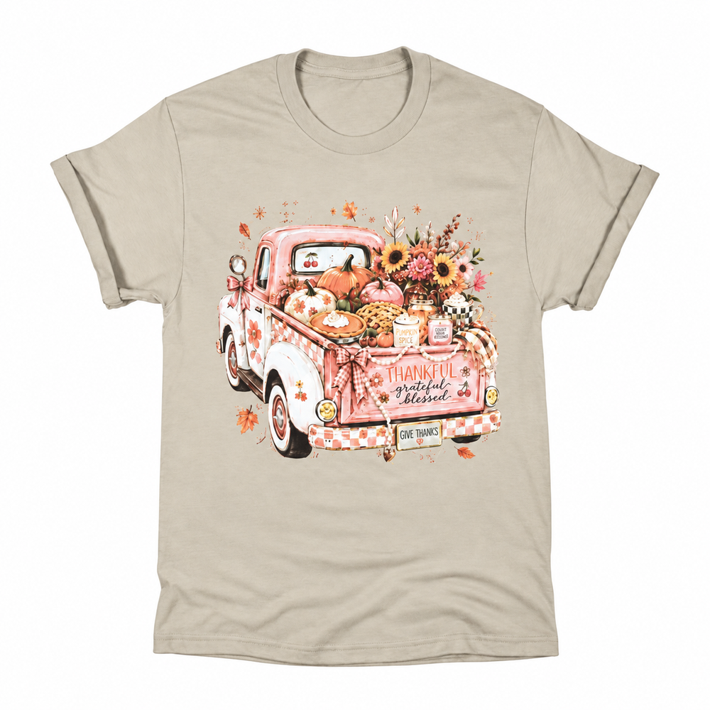 Pink Fall Truck Graphic Tee enlarged on white background