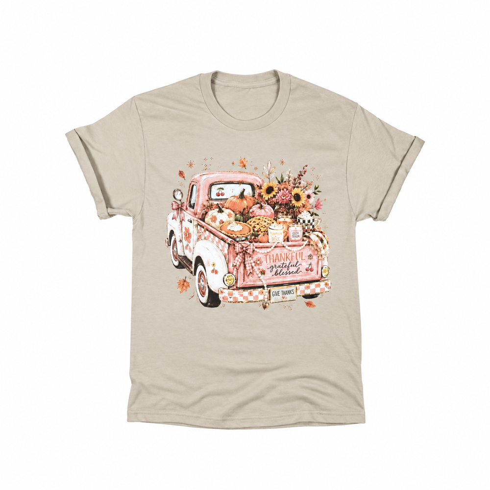 Pink Fall Truck Graphic Tee centered smaller on pure white background