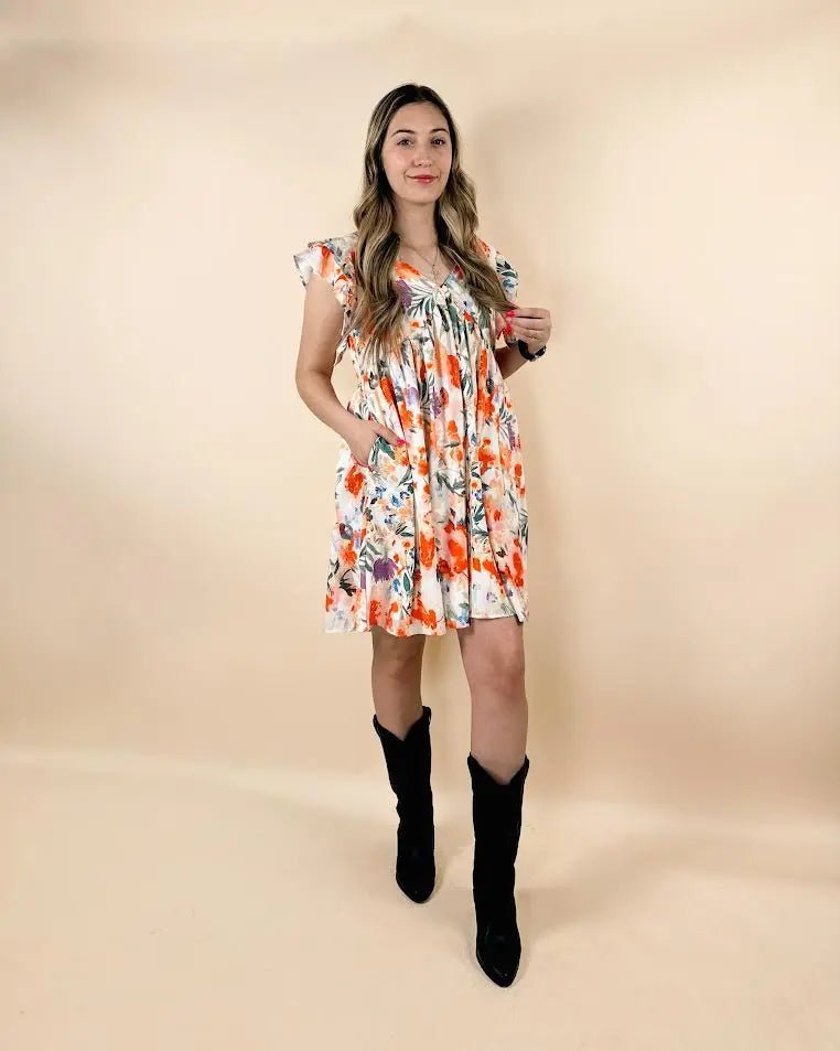 Pink Floral Double Ruffle Sleeve V Neck Mini Dress