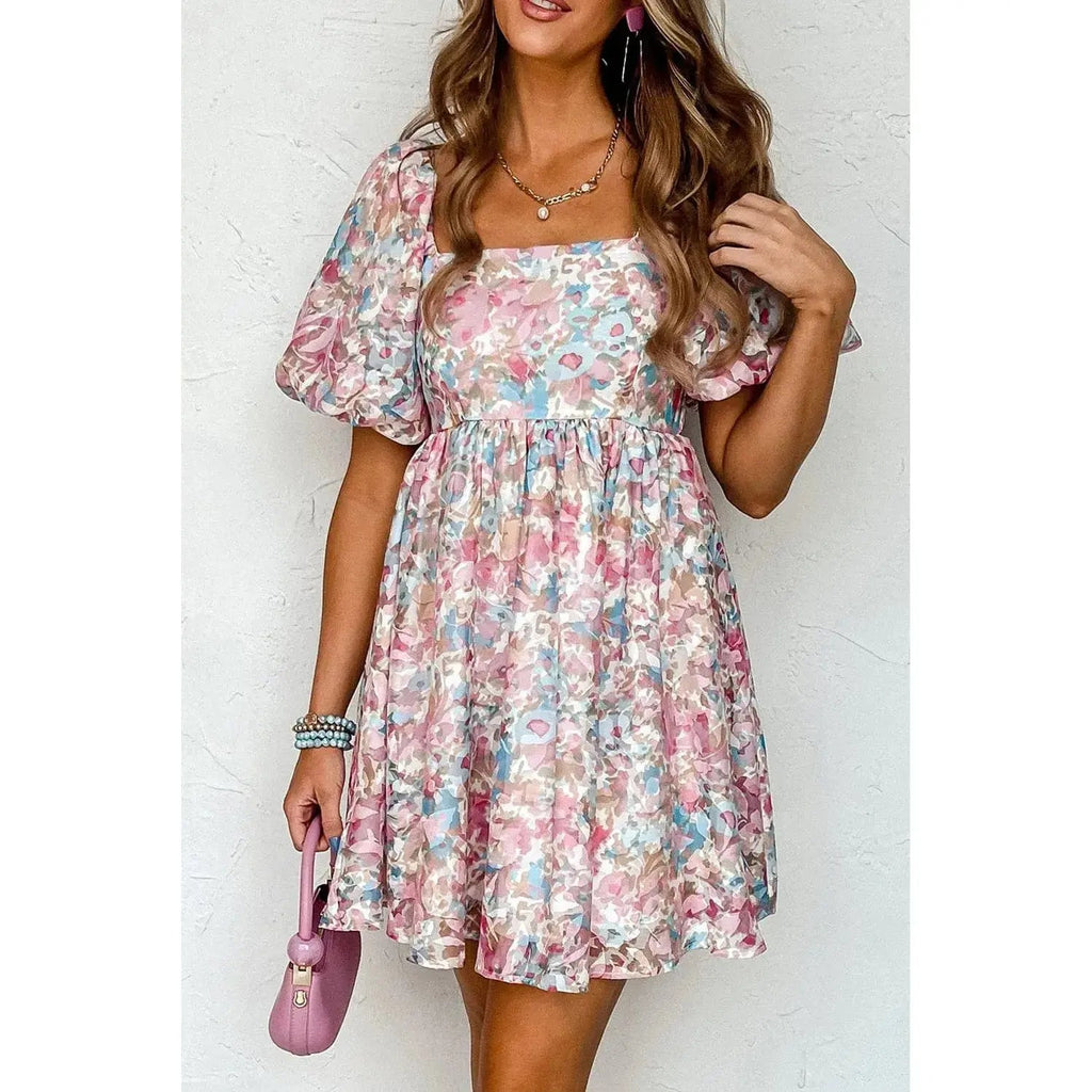 Pink Floral Puff Sleeve Square Neck Smock Ruffled Dress