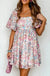 Pink Floral Puff Sleeve Square Neck Smock Ruffled Dress - LECCE