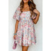 Pink Floral Puff Sleeve Square Neck Smock Ruffled Dress - LECCE