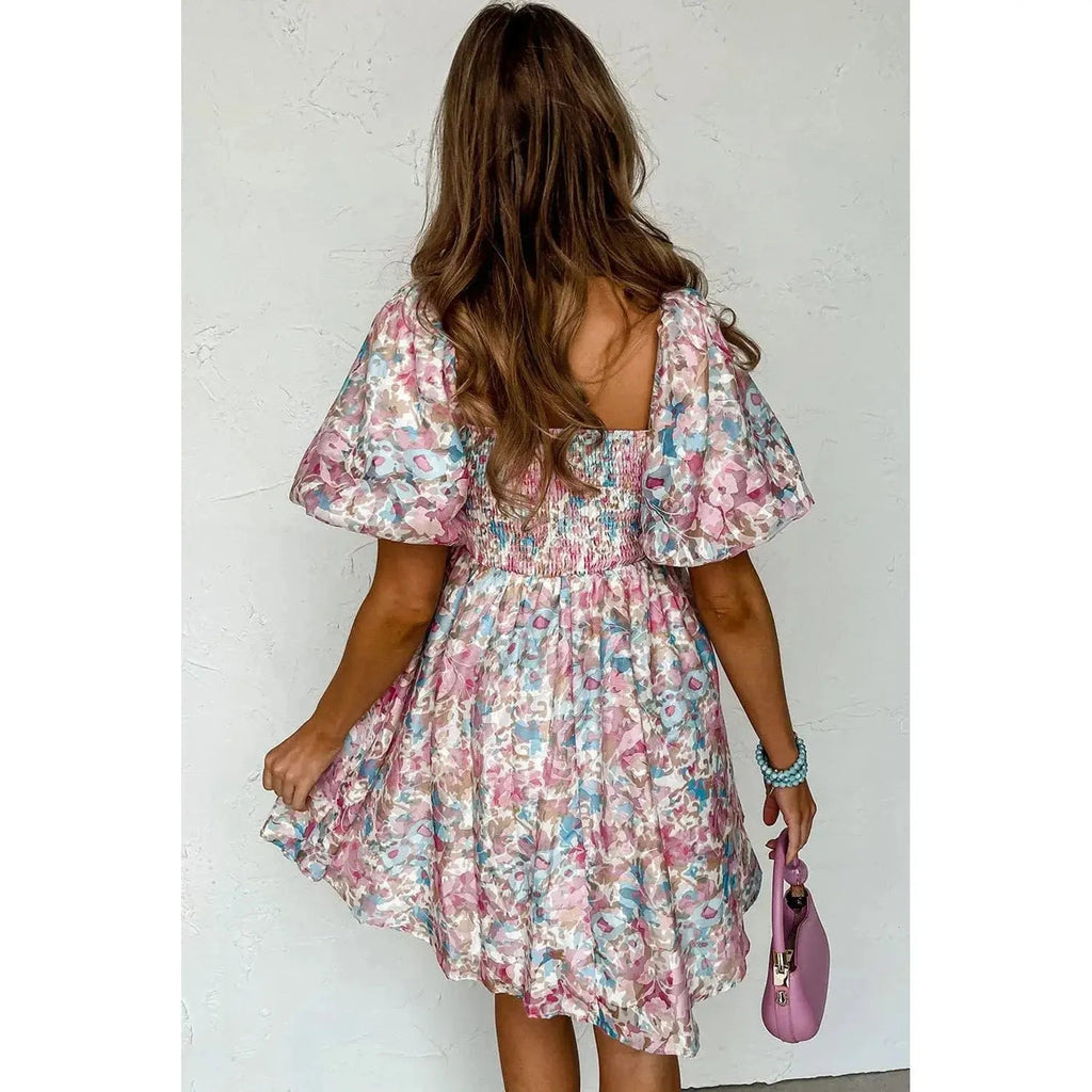 Pink Floral Puff Sleeve Square Neck Smock Ruffled Dress