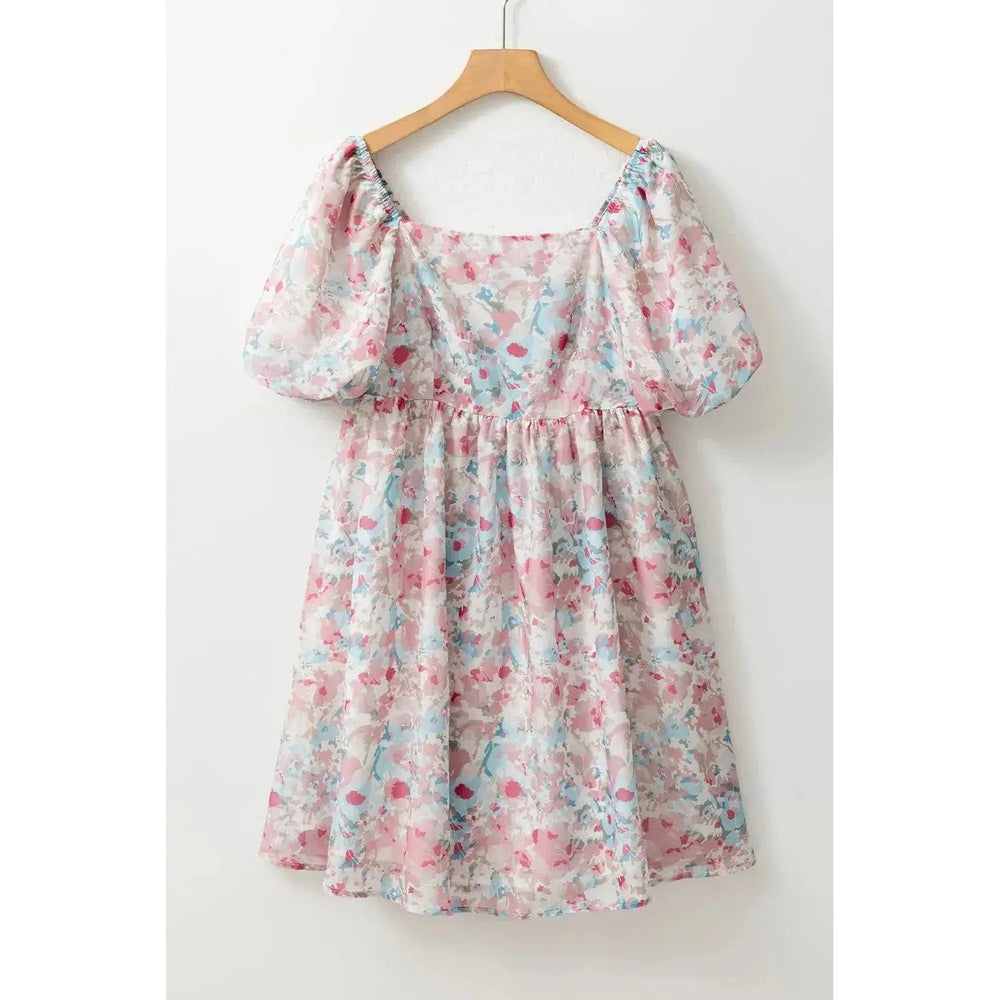 Pink Floral Puff Sleeve Square Neck Smock Ruffled Dress - LECCE