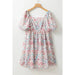 Pink Floral Puff Sleeve Square Neck Smock Ruffled Dress - LECCE