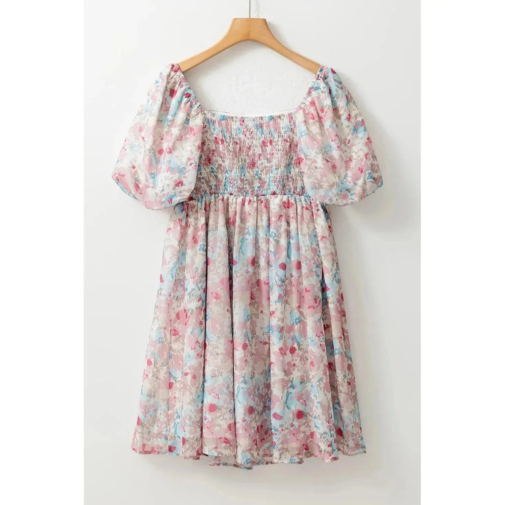 Pink Floral Puff Sleeve Square Neck Smock Ruffled Dress - LECCE