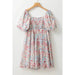 Pink Floral Puff Sleeve Square Neck Smock Ruffled Dress - LECCE