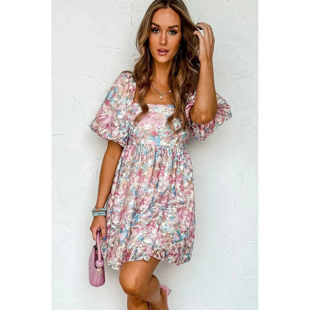 Pink Floral Puff Sleeve Square Neck Smock Ruffled Dress - LECCE