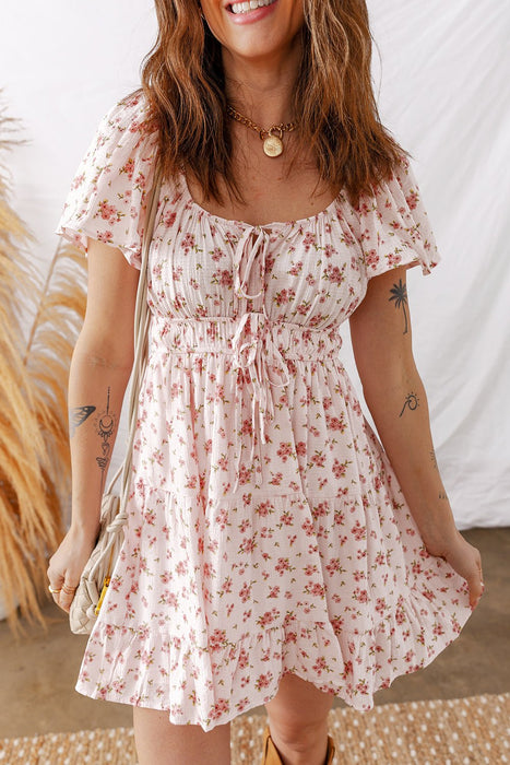 Pink Floral Ruffle Sleeve Front Tie Shirred Waist Mini Dress - LECCE