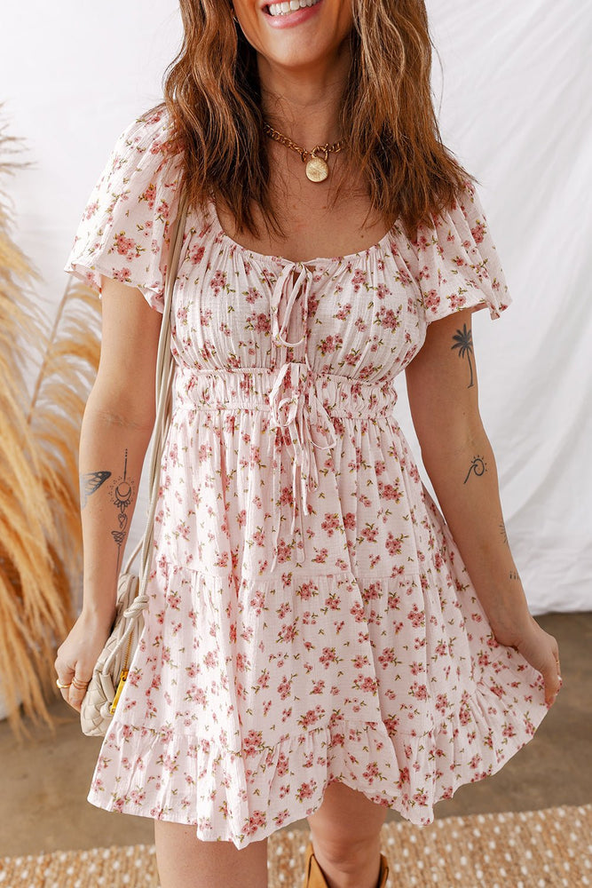 Pink Floral Ruffle Sleeve Front Tie Shirred Waist Mini Dress - LECCE