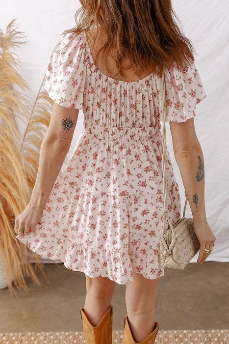 Pink Floral Ruffle Sleeve Front Tie Shirred Waist Mini Dress - LECCE
