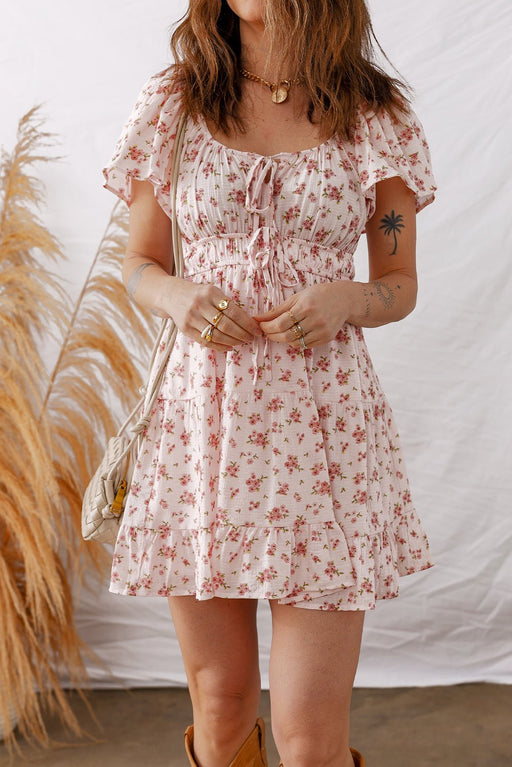Pink Floral Ruffle Sleeve Front Tie Shirred Waist Mini Dress - LECCE